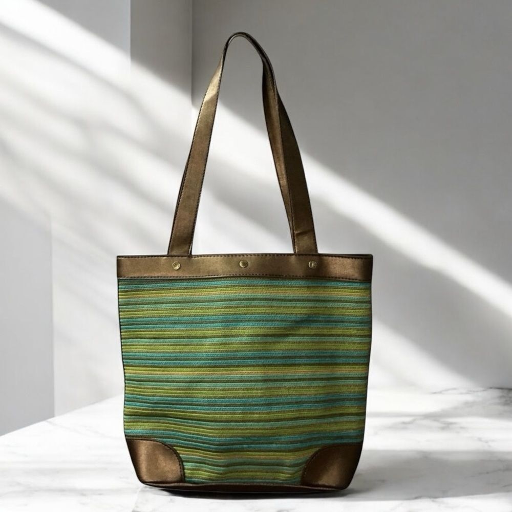 Caribbean Joe Striped Tote Bag Green Blue Canvas Vegan Leather Shoulder Bag